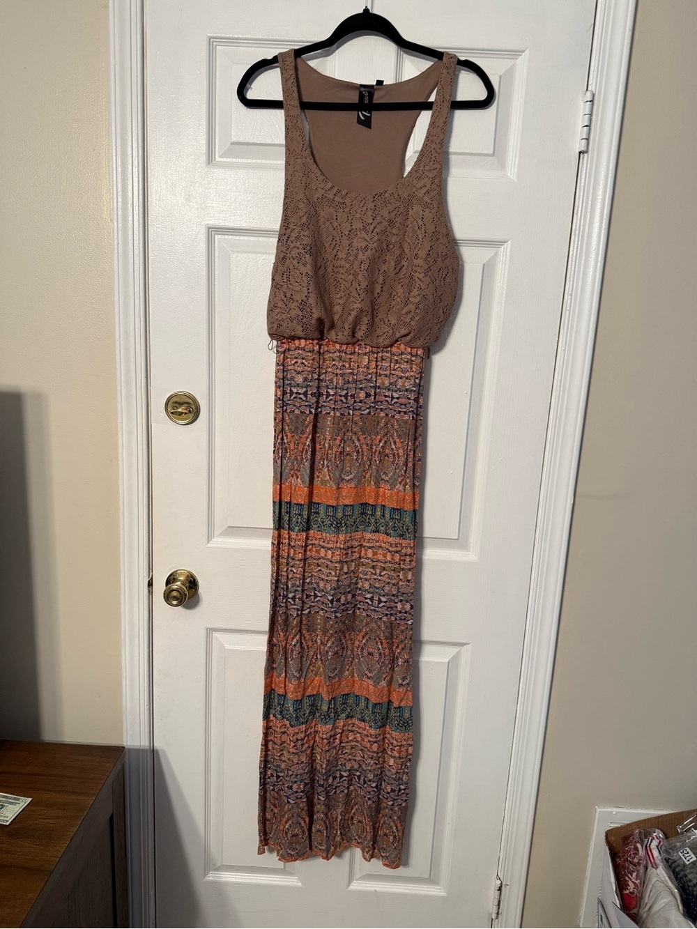 Trixxi Brown Lace Tank Maxi Dress with Orange & Green Pattern
